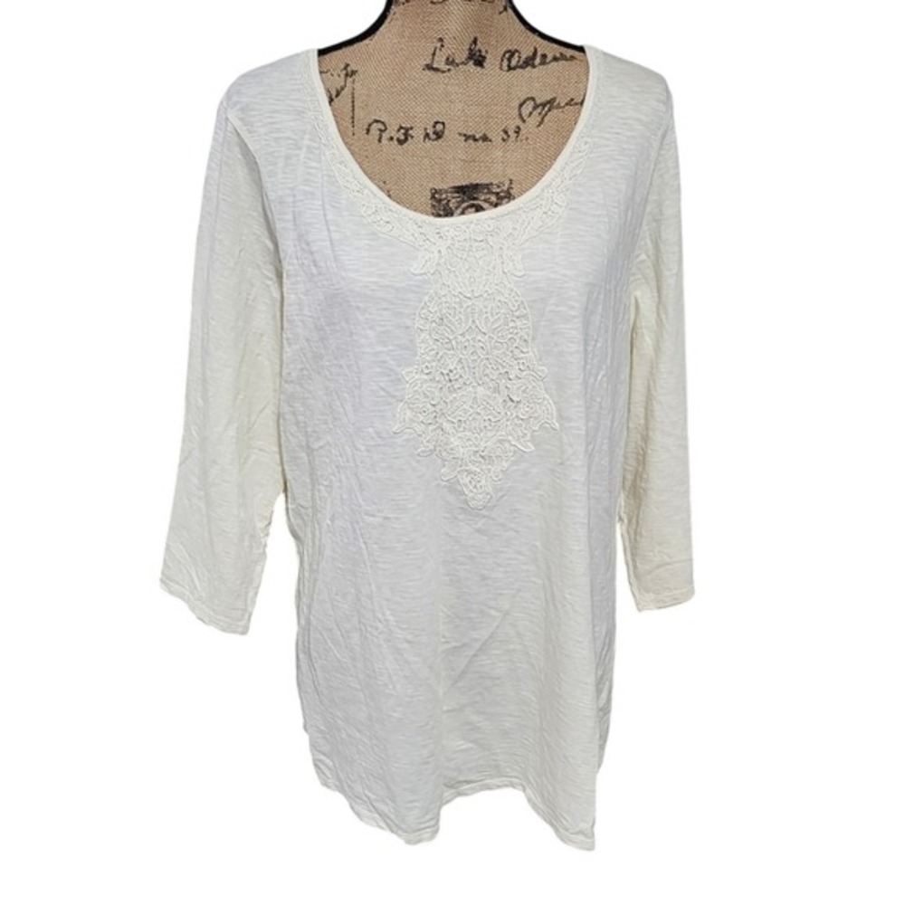 Coldwater Creek White Cotton Slub Lace Beaded Scoop Neck 3/4 Sleeve Top 1X 18